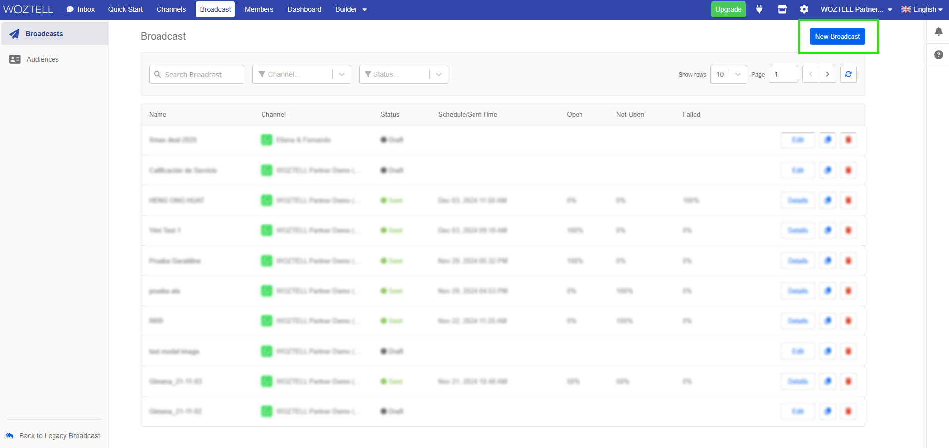 New Broadcast Panel | WOZTELL Platform Documentation